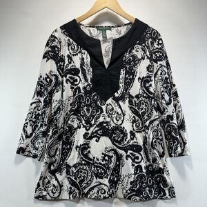 Lauren Ralph Lauren Top Womens XL Black White Paisley Long Sleeve Artsy Tunic